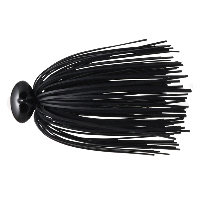 Deps Hyper Football Jig in solid black with a weighted football-shaped head and flexible rubber skirt strands designed for musky fishing tackle.