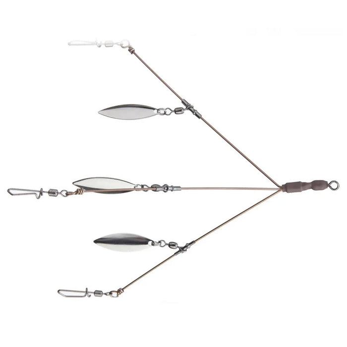 Diamond Baits Three-Arm Bladed Umbrella Rig with three metal arms, each fitted with reflective blades and swivels, designed for fishing tackle use in musky or ice fishing.