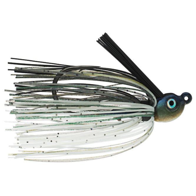 Dirty Jigs California Swim Jig featuring a blue and white skirt with black weed guard, designed as a fishing lure for effective freshwater fishing tackle.