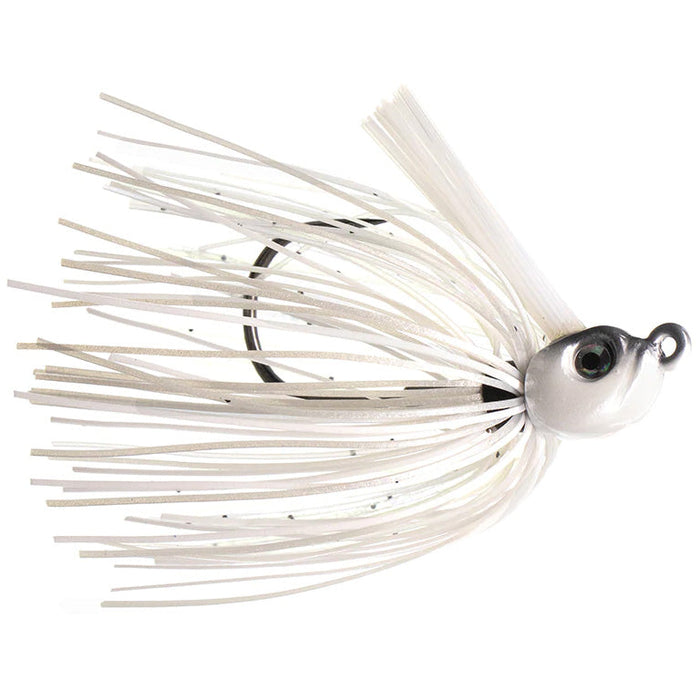 Dirty Jigs California Swim Jig fishing lure featuring a white and silver jig head with black speckled white silicone skirt strands designed for effective fishing tackle use.