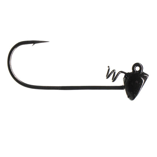 Dirty Jigs Horseshoe Shakey Head fishing lure in black, featuring a sharp hook with a weighted head and coil for securing soft bait, designed for musky and general fishing tackle use.
