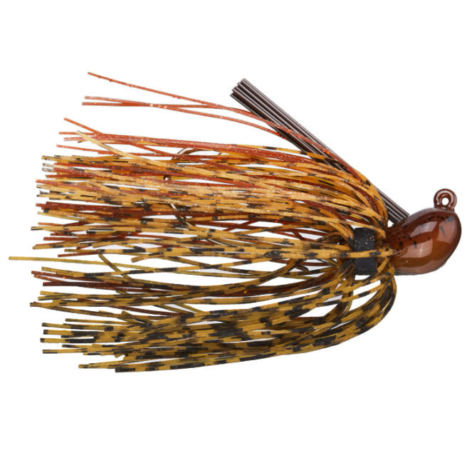 Dirty Jigs Luke Clausen Casting Jig featuring detailed brown and orange skirt with black accents, designed for fishing tackle targeting musky and other game fish.