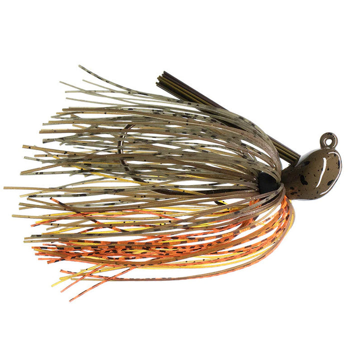 Dirty Jigs Luke Clausen Casting Jig featuring a weighted hook with a multi-colored silicone skirt in shades of brown, orange, and yellow designed for fishing tackle.