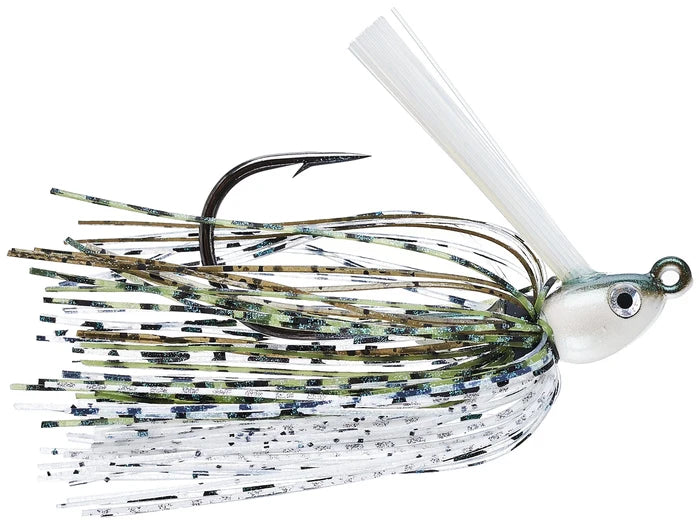Dirty Jigs No Jack Swim Jig fishing lure with a camo skirt, white head, weed guard, and single sharp hook designed for musky fishing tackle.