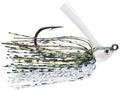 Dirty Jigs No Jack Swim Jig featuring a detailed painted head, realistic eyes, white weed guard, and multi-colored skirt in shades of green, black, and white for fishing tackle.