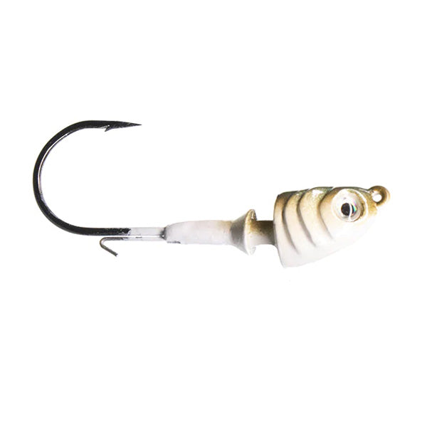 Dirty Jigs Tactical Bassin' Finesse Swimbait Head featuring a white and silver fish-shaped lure head with detailed eyes and a sharp fishing hook for precision bass fishing tackle.
