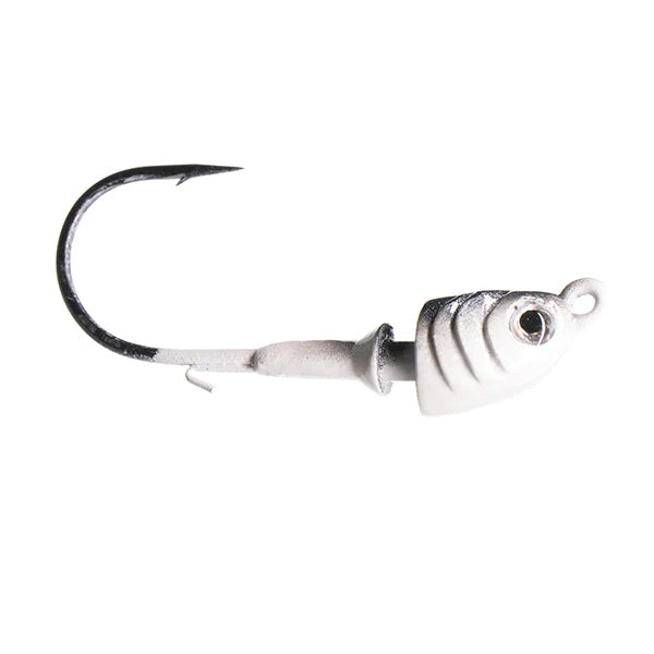 Dirty Jigs Tactical Bassin' Finesse Swimbait Head in white and silver, featuring a detailed fish-shaped jig head with a sharp black fishing hook for finesse fishing tackle.