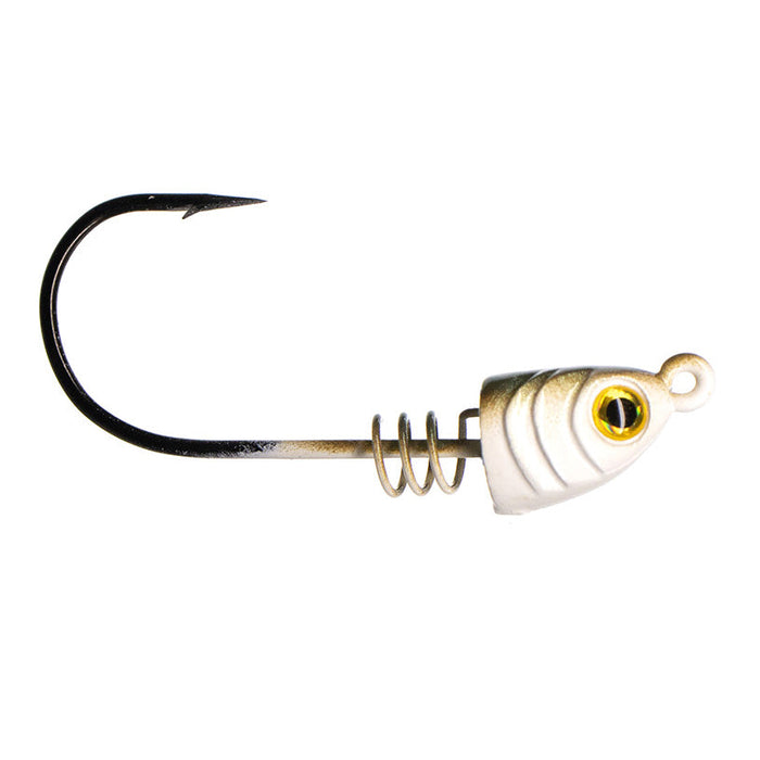 Dirty Jigs Tactical Bassin' Screwed Up Swimbait Head featuring a black sharp fishing hook with a white weighted head designed for secure lure attachment and effective bass fishing.