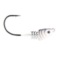 Dirty Jigs Tactical Bassin' Screwed Up Swimbait Head featuring a white, fish-shaped jig head with a sharp black hook and a spring coil for securely attaching soft plastic lures.