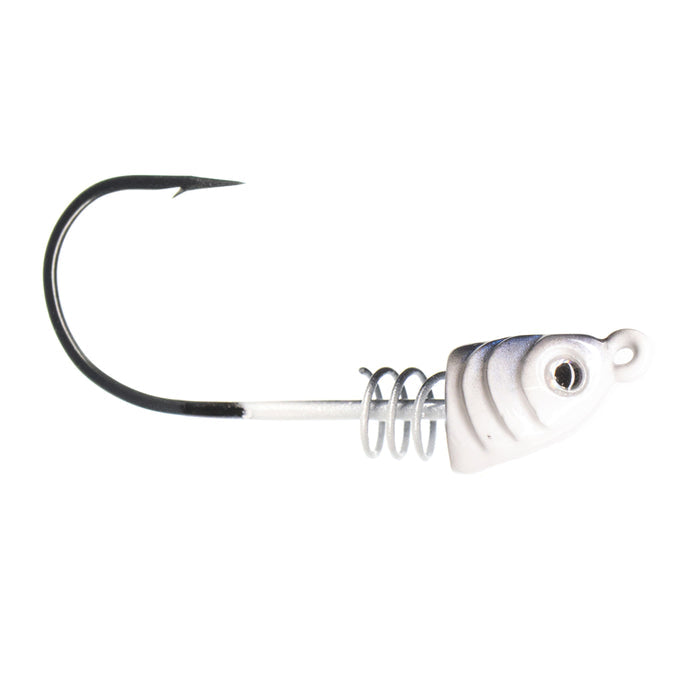 Dirty Jigs Tactical Bassin' Screwed Up Swimbait Head featuring a white, fish-shaped jig head with a sharp black hook and a spring coil for securely attaching soft plastic lures.