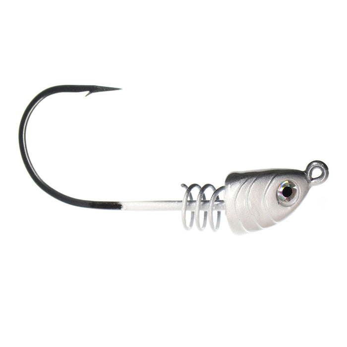 Dirty Jigs Tactical Bassin' Screwed Up Swimbait Head with a sharp black hook, silver fish-shaped weighted head, and coiled wire attachment for fishing tackle.