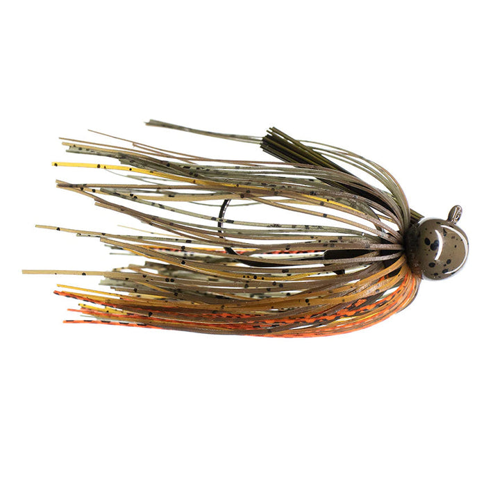 Dirty Jigs Tour Level Finesse Football Jig featuring a multi-colored silicone skirt with shades of brown, orange, and black specks, designed for enhanced fishing tackle performance.