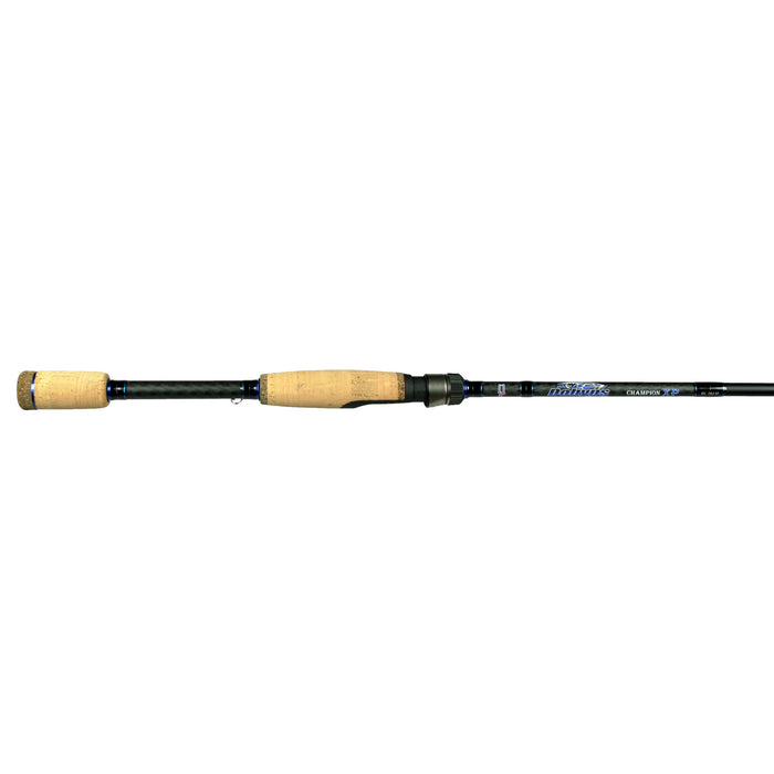 Dobyns Rods Champion XP Spinning Rods featuring a sleek black shaft with blue accents and a comfortable natural cork handle, designed for precision fishing tackle use.