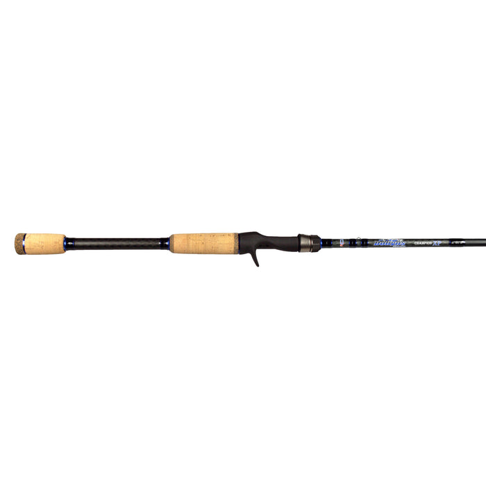 Dobyns Rods Champion XP Split Grip Casting Rods with cork handles and a sleek black reel seat, designed for precision and durability in fishing tackle.