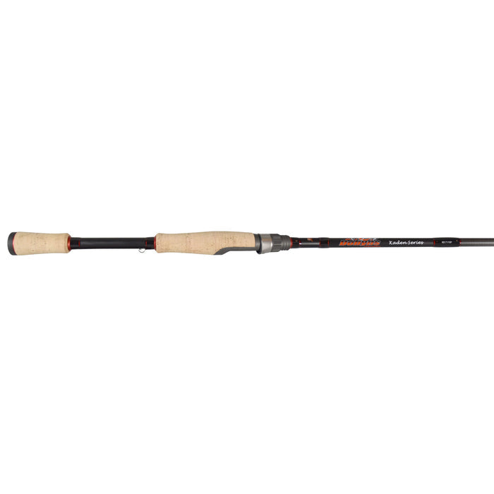 Dobyns Rods Kaden Spinning Rods with cork handle and black blank featuring red accents, designed for precision and durability in fishing tackle.