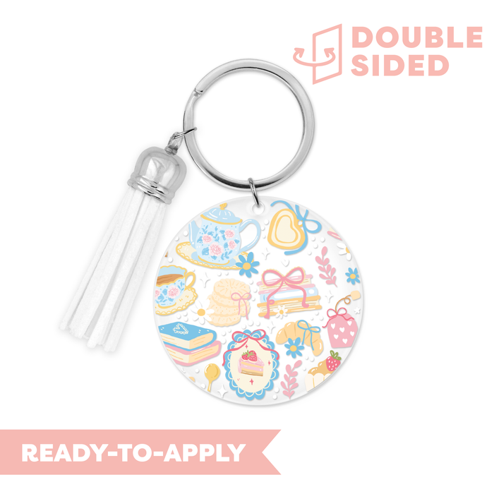 [ Double Sided ] Circle UV DTF Decal | Blue Coquette Tea Time