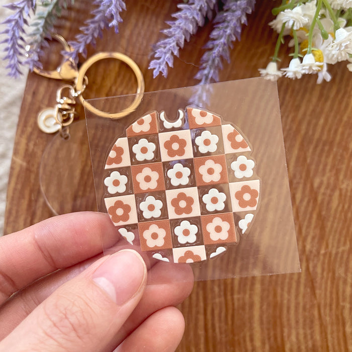 [ Double Sided ] Circle UV DTF Decal | Coffee Brown Checkered Flower