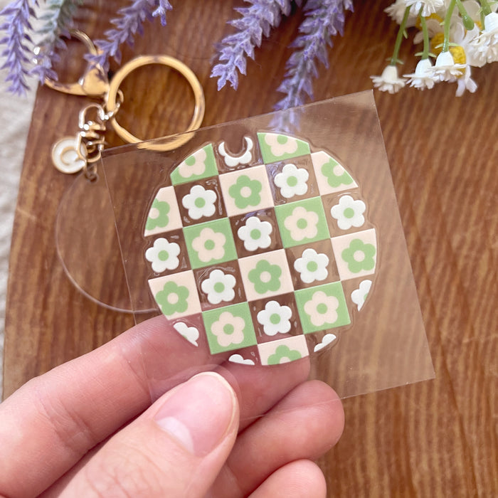[ Double Sided ] Circle UV DTF Decal | Matcha Checkered Flower