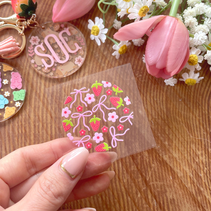 [ Double Sided ] Circle UV DTF Decal | Pink Bow Strawberry
