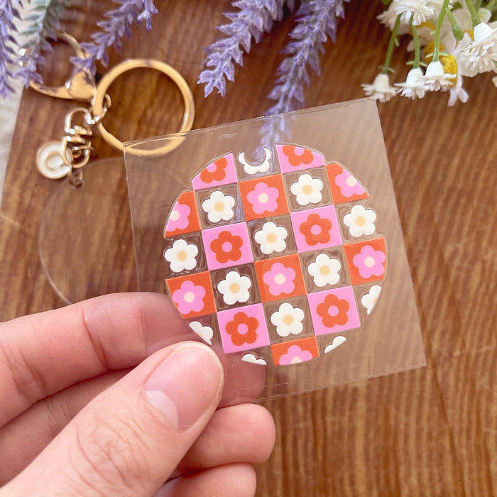 [ Double Sided ] Circle UV DTF Decal | Pink Checkered Flower