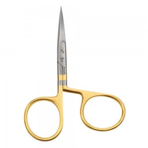 Dr. Slick 4 inch All Purpose Scissors with slim, sharp stainless steel blades and gold-colored finger loops, designed for precision cutting in fishing tackle and fly fishing gear.