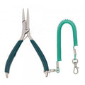 Dr. Slick Barb Pliers with narrow, stainless steel jaws and ergonomic green handles, featuring a coiled green lanyard with metal clip for secure fishing tackle use.