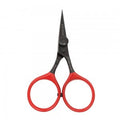 Dr. Slick Black Widow All Purpose Razor Scissors 4" featuring sharp, pointed black blades and bright red ergonomic handles, designed for precision cutting in fishing tackle and gear.