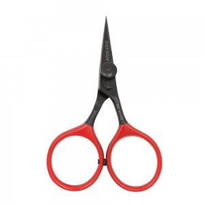 Dr. Slick Black Widow All Purpose Razor Scissors 4" featuring sharp, pointed black blades and bright red ergonomic handles, designed for precision cutting in fishing tackle and gear.