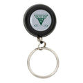 Dr. Slick ECO Reel Pin-on Black Bulk featuring a round black retractable reel with a metal keyring, displaying the ECO Fishing Tools logo for fishing tackle organization.