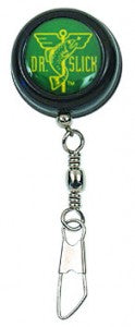 Dr. Slick Pin on and Clip on Reels featuring a round black retractable reel with a green and yellow logo, metal clip and swivel attachment designed for fishing tackle use.