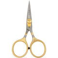 Dr. Slick Razor Scissors with sharp, narrow stainless steel blades and gold-colored ergonomic handles designed for precise cutting, ideal for fly fishing and tackle preparation.