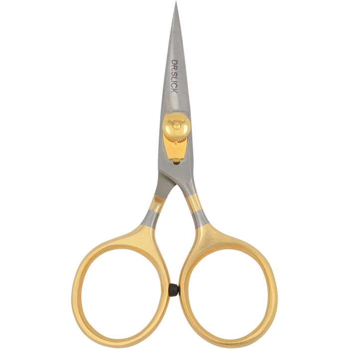 Dr. Slick Razor Scissors with sharp, narrow stainless steel blades and gold-colored ergonomic handles designed for precise cutting, ideal for fly fishing and tackle preparation.