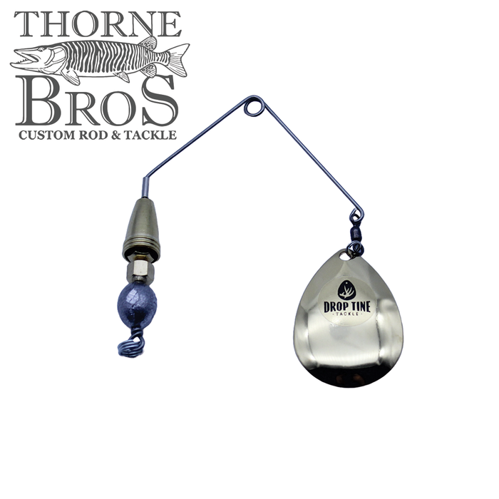 Drop Tine Growler Arm Attachment fishing lure with metallic spinner blade, weighted wire frame, and swivel, designed for enhanced movement in musky fishing tackle setups.