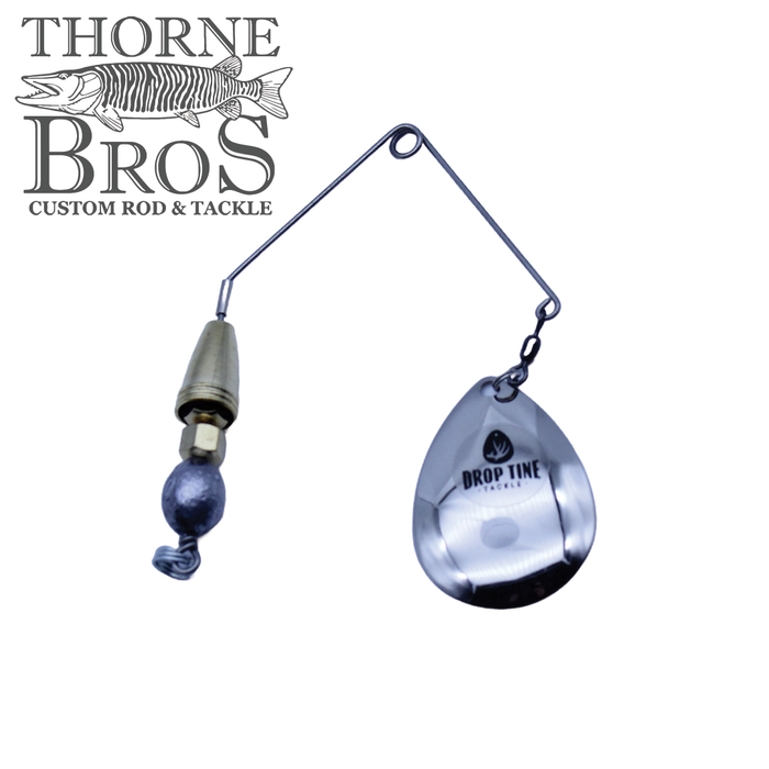 Drop Tine Growler Arm Attachment fishing lure featuring a polished metal spinner blade and weighted arm designed for musky fishing, shown on a white background.