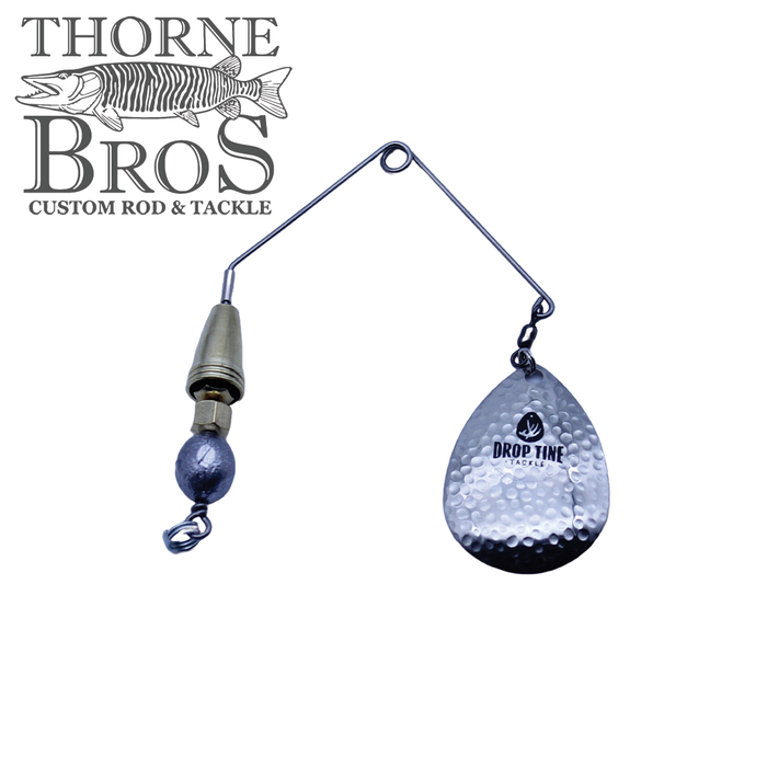 Drop Tine Growler Arm Attachment fishing lure with a hammered silver spinner blade and weighted arm designed for musky fishing tackle.