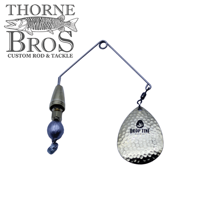 Drop Tine Growler Arm Attachment featuring a hammered metal spinner blade attached to a wire arm with weighted components, designed for fishing tackle use.
