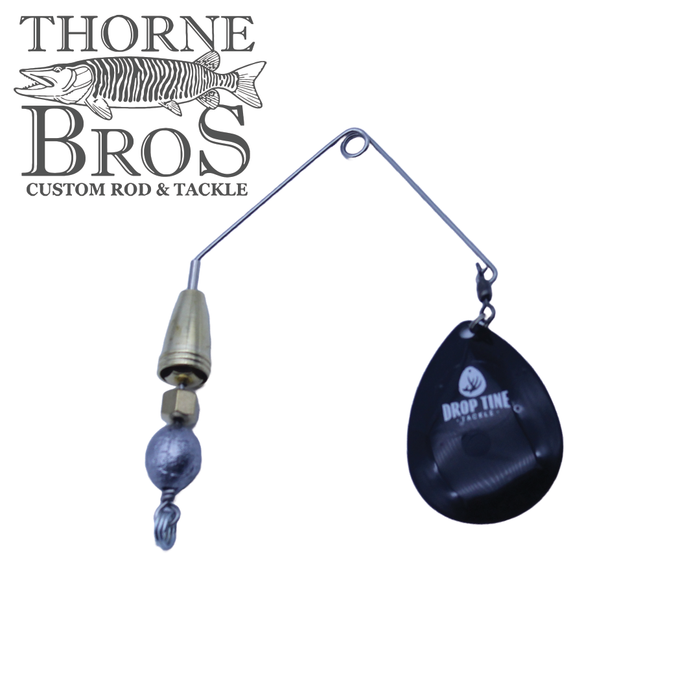 Drop Tine Growler Arm Attachment featuring a metal wire arm with a weighted swivel, brass connector, and a black tear-drop shaped spinner blade designed for fishing tackle use.