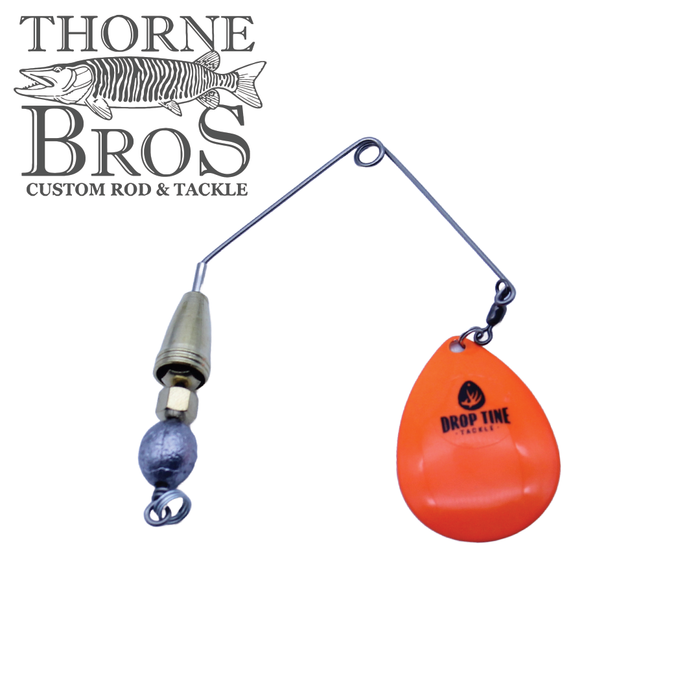 Drop Tine Growler Arm Attachment in bright orange with metal arm and weighted hook designed for fishing tackle, shown with Thorne Bros custom rod and tackle logo.