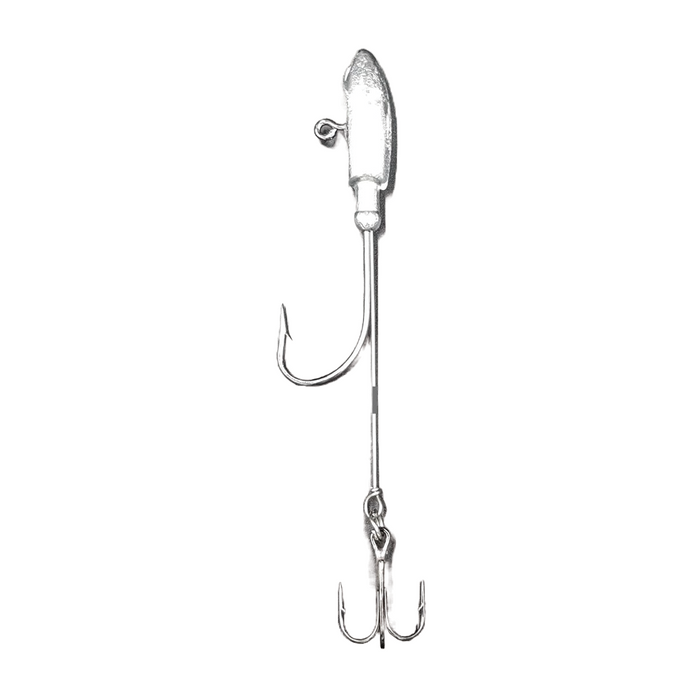 Drop Tine Stinger Jigs (2pk) featuring a metal jig head with a single hook and an extended wire with a treble hook, designed for effective fishing tackle use.