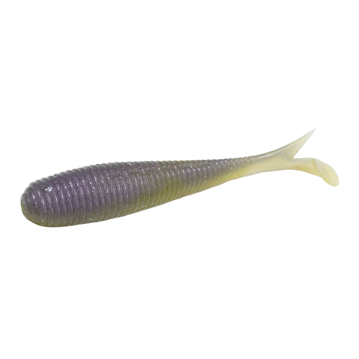 DRT Cramp Shad 4.5" FAT soft plastic fishing lure with ribbed purple and yellow body designed for effective freshwater fishing tackle use.