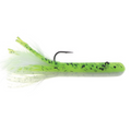 Dry Creek 5.5" Mack A Tizer (Pre-Rigged) fishing lure in bright green with black flecks, featuring a feathered tail and a single sharp hook for effective musky fishing.