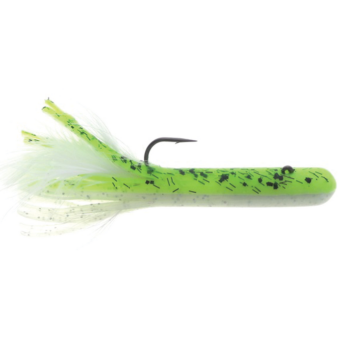 Dry Creek 5.5" Mack A Tizer (Pre-Rigged) fishing lure in bright green with black flecks, featuring a feathered tail and a single sharp hook for effective musky fishing.