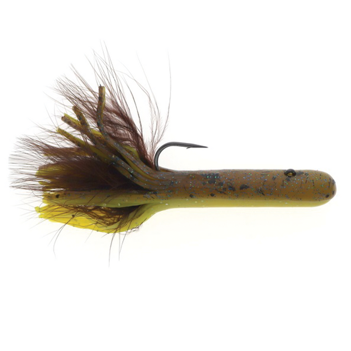Dry Creek 5.5" Mack A Tizer (Pre-Rigged) fishing lure featuring a brown and olive soft body with blue speckles, a sharp hook, and feather-like appendages for realistic movement.
