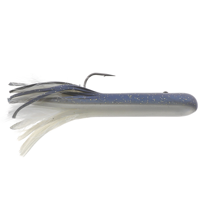 Dry Creek 5.5" Mack A Tizer (Pre-Rigged) fishing lure with a blue and silver body, glitter accents, and flexible skirt designed for musky fishing tackle.