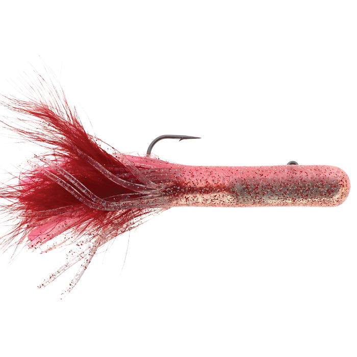 Dry Creek 5.5" Mack A Tizer (Pre-Rigged) fishing lure in red with glitter, featuring a soft body and tufted tail with detailed hooks for musky fishing tackle.