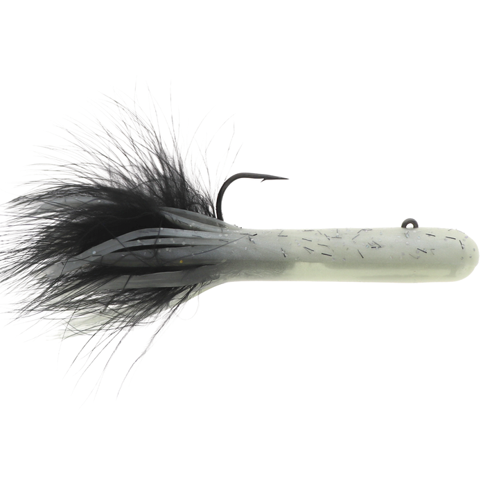 Dry Creek 5.5" Mack A Tizer (Pre-Rigged) fishing lure with a white body, black feather tail, and sharp hook designed for musky fishing tackle.