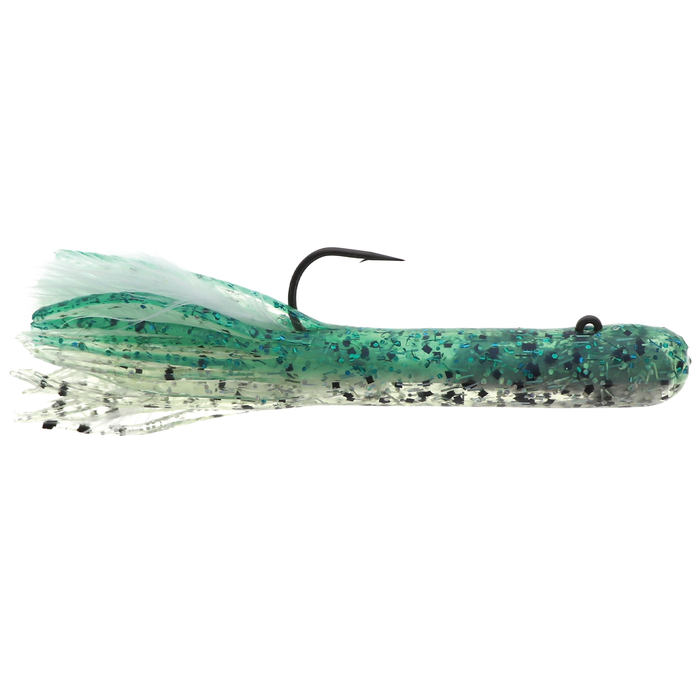 Dry Creek 5.5" Mack A Tizer (Pre-Rigged) fishing lure in translucent green with black speckles, featuring a sharp black hook and flexible skirted tail for musky fishing.