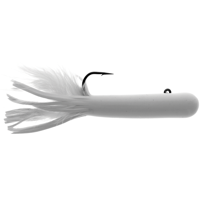 Dry Creek 5.5" Mack A Tizer (Pre-Rigged) fishing lure with a white cylindrical body, feathered tail, and a sharp single hook designed for musky fishing tackle.