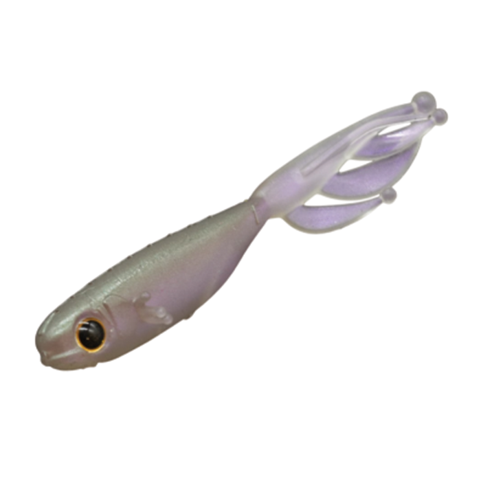 Dstyle Mozaala 2.5" soft plastic fishing lure in translucent light purple with lifelike eyes and multiple tail appendages designed to attract musky and other game fish.