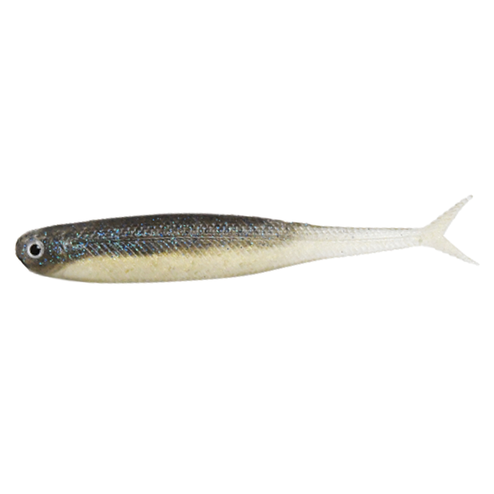 Dstyle Virola soft fishing lure with a slender body, gradient coloring from dark gray on top to pale cream on the bottom, and a forked tail for lifelike movement.